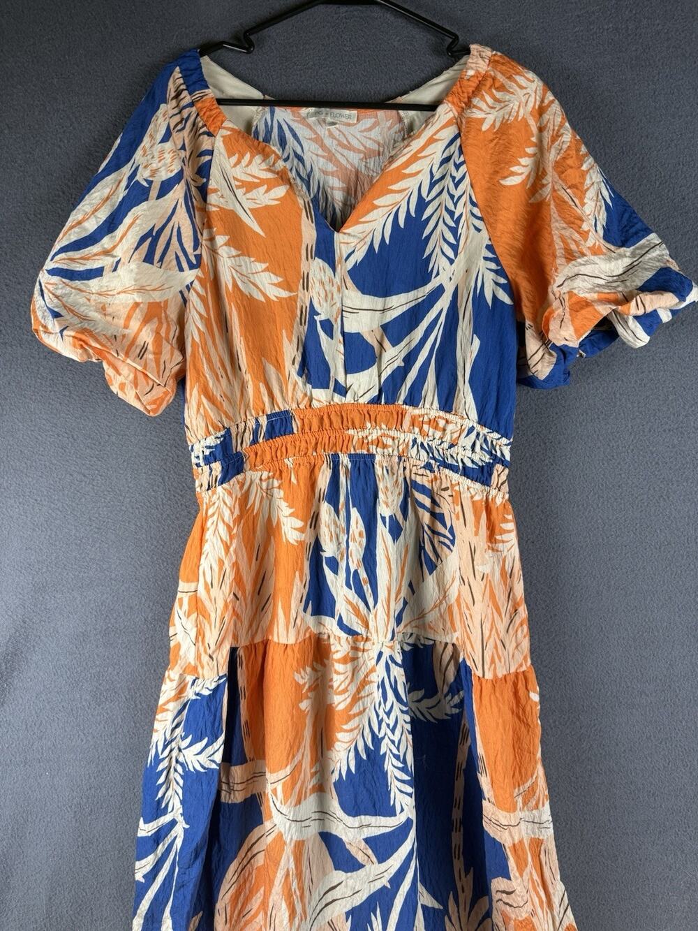 Fig And Flower Button Up Maxi Dress Sz XL Blue Orange Floral Short Sleeve